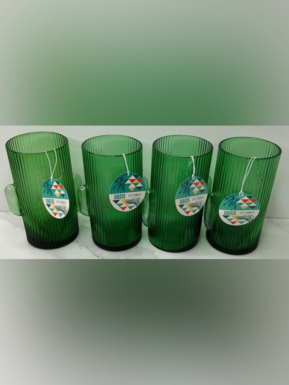 4 Oasis Tumbler Glass Green Cactus 19oz  Glass 6” Tumbler Ribbed New